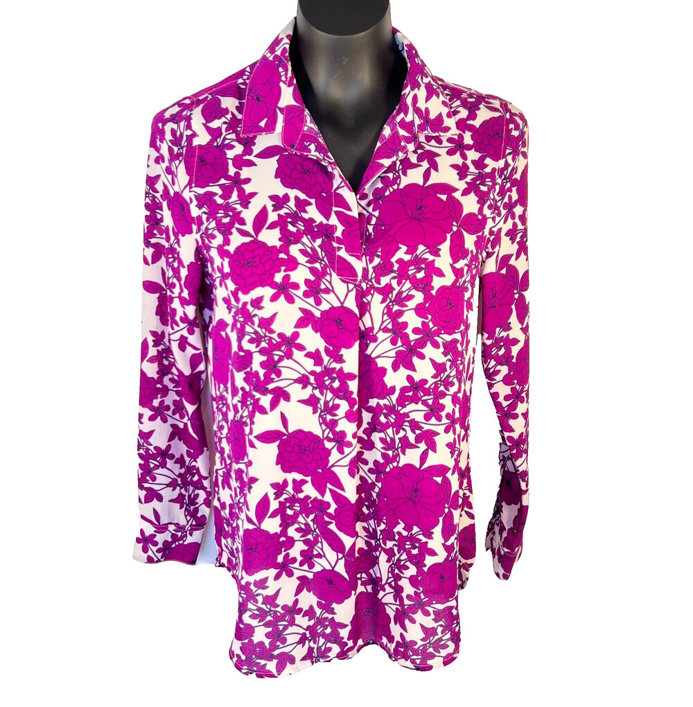 Banana Republic Blouse Women's XS Purple White Chiffon Floral Collared Button